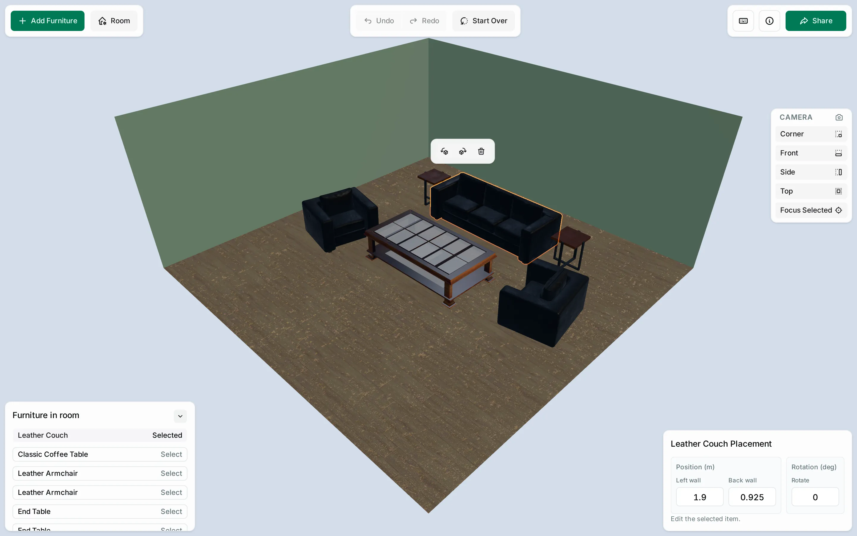 Room Layout editor showing a furnished 3D room, selection toolbar, furniture list, camera controls, and couch details