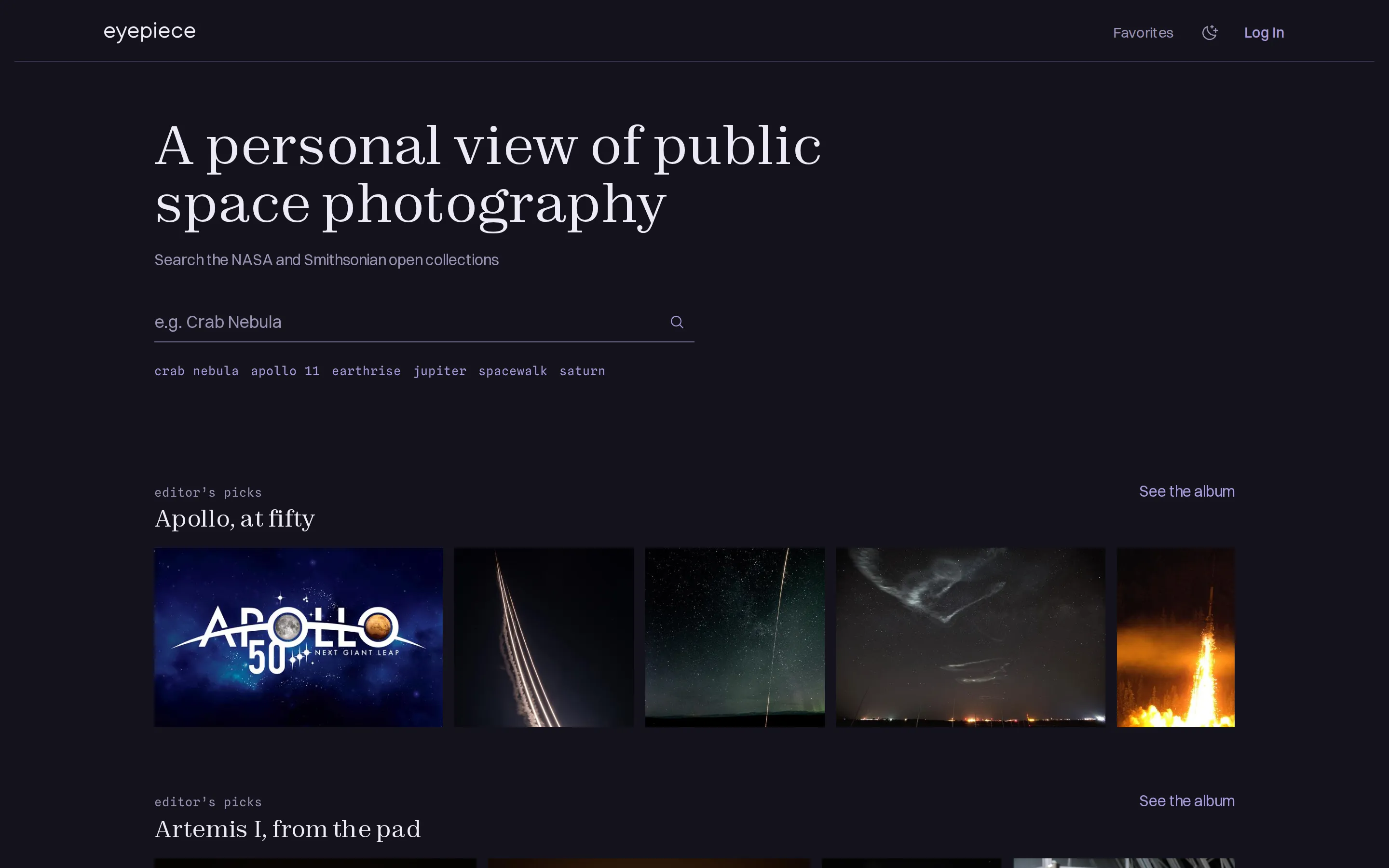 Eyepiece home page with astronomy search, an Apollo collection, and rows of space photography