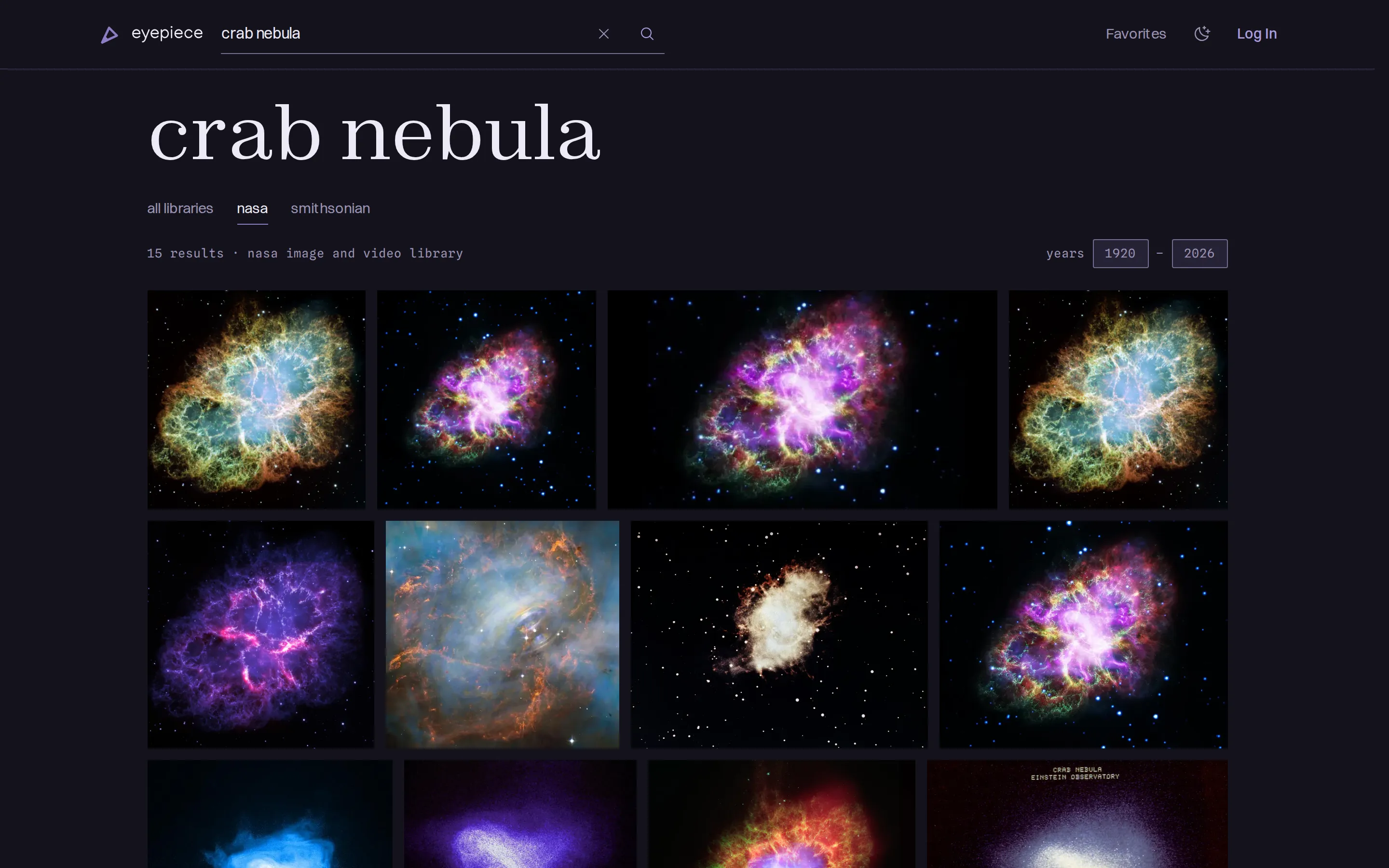 Eyepiece search results for “crab nebula” scoped to NASA: a justified grid of colorful Crab Nebula imagery under scope links for all libraries, NASA, and Smithsonian, with year filters